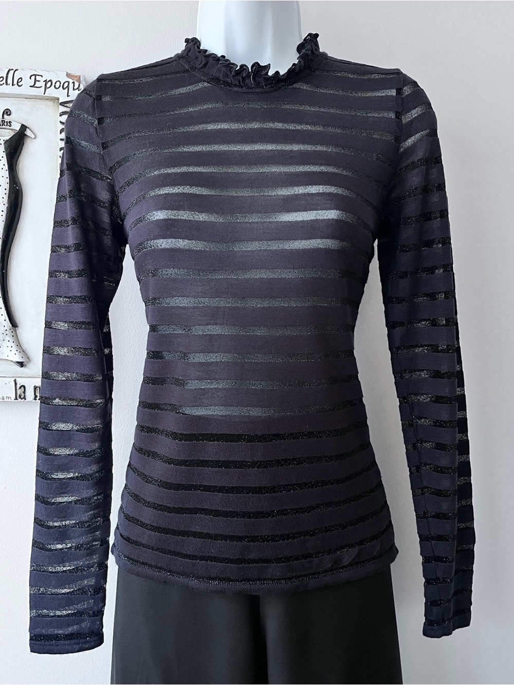 Pigalle Sheer Stripe Ruffle-Neck Long Sleeve Knit Women’s Top Size S